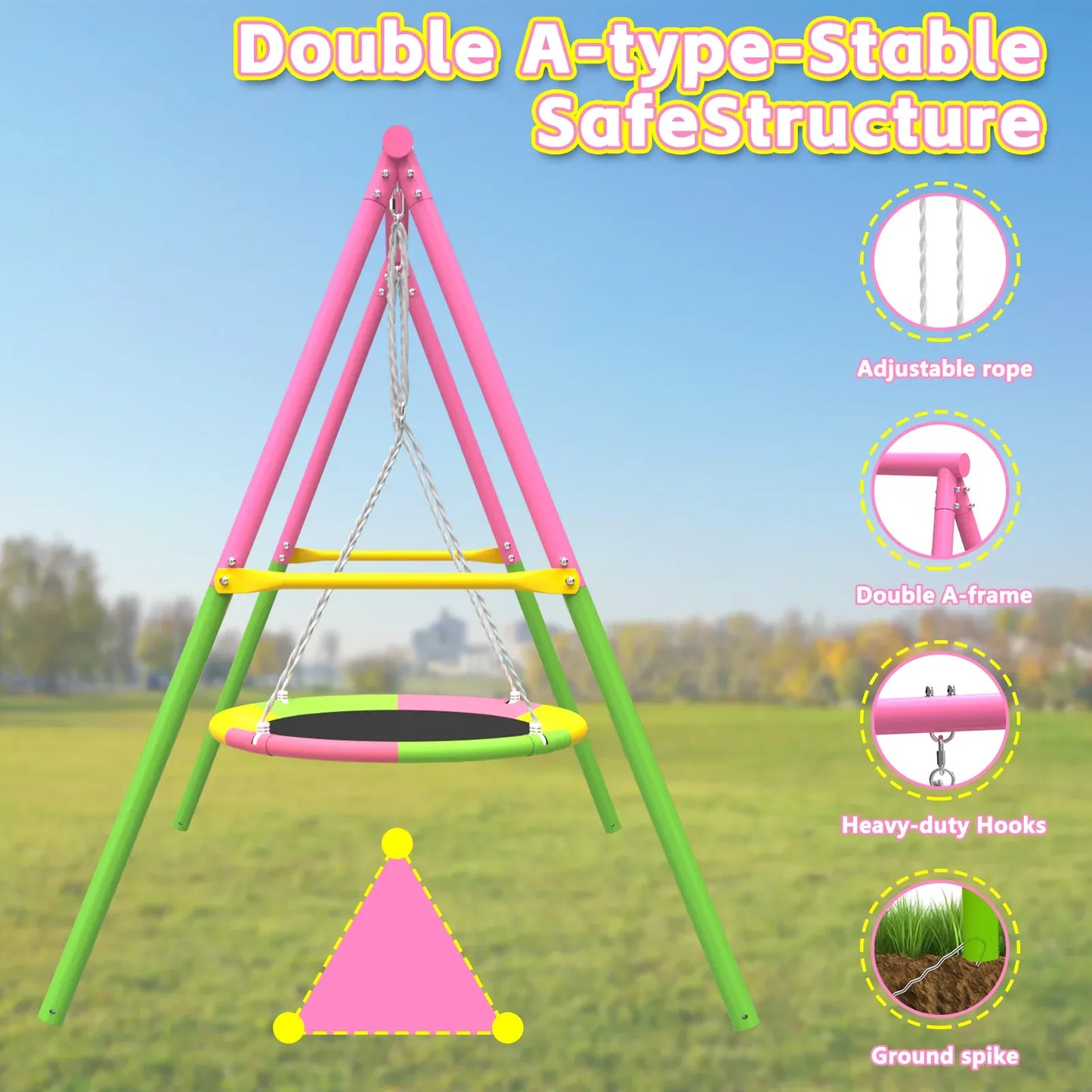 Flying Saucer Swing Set with Heavy Duty A-Frame Metal Swing Stand, Ful