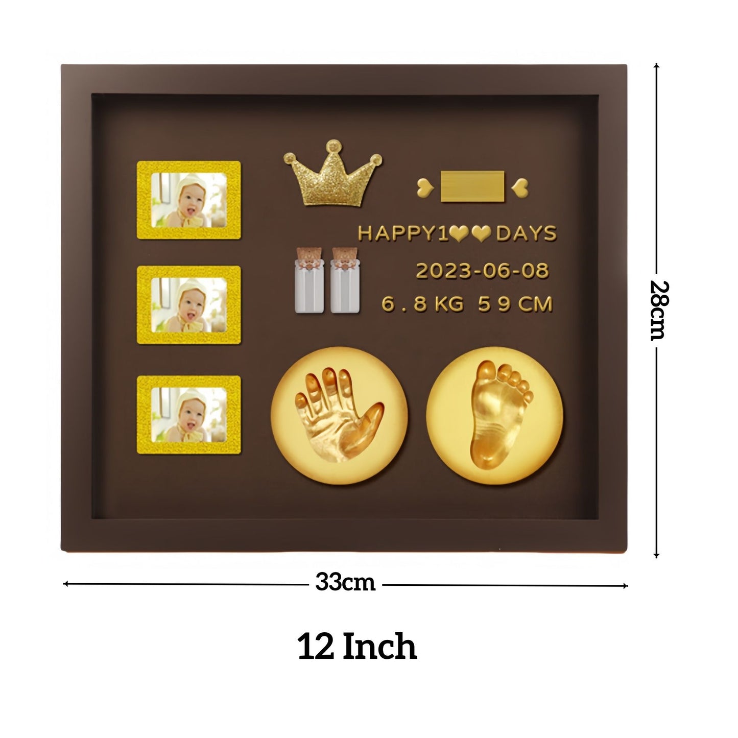Baby Hand and Footprint Kit with 3 Photo Slots, Golden Ink Pad & Number/Letter Stickers, Non-Toxic Newborn Gift Set for Baby Shower, Nursery Decor, Keepsake Memory Frame