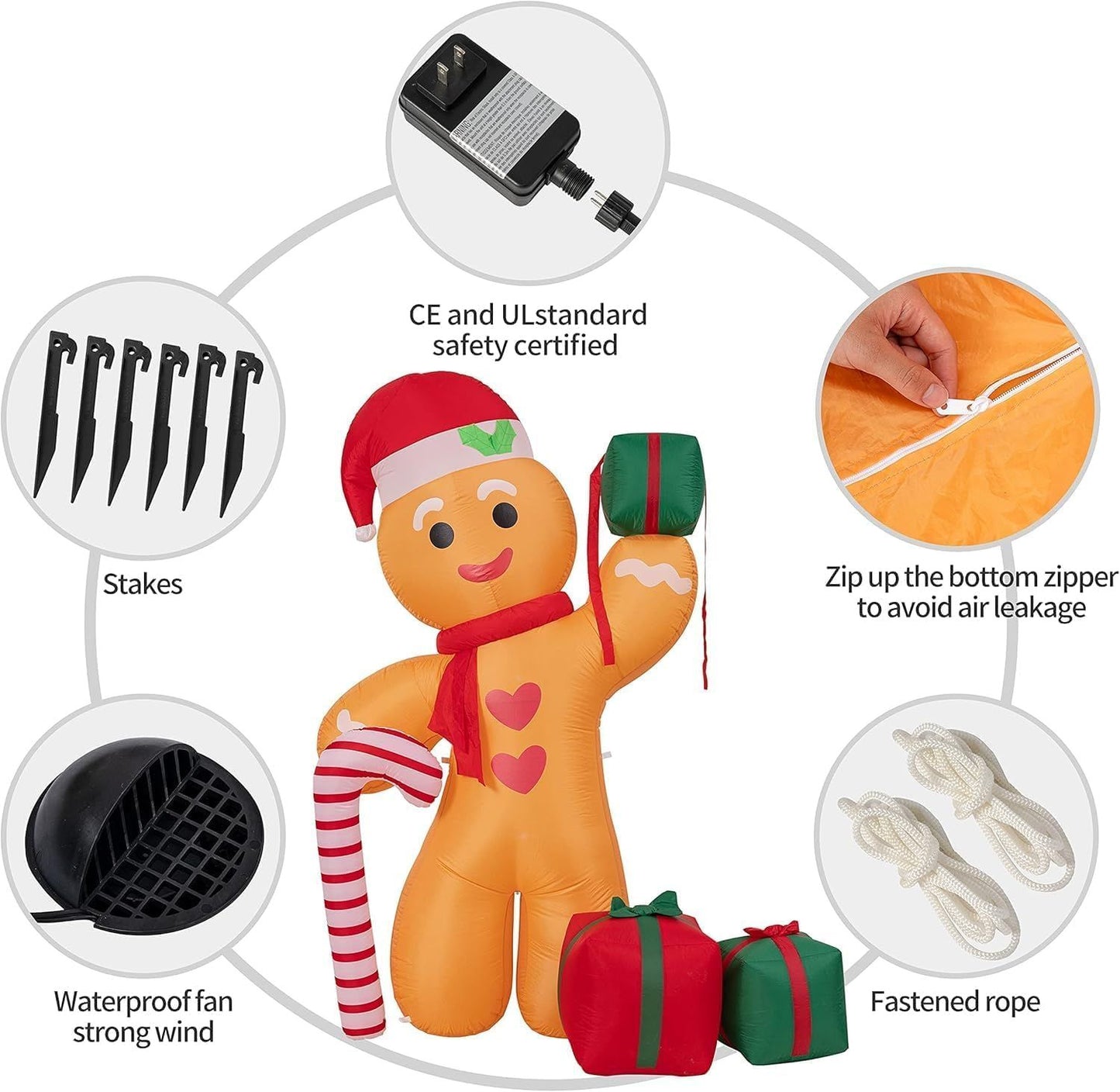 8FT/2.4m Lighted Inflatable Gingerbread Man Christmas Decoration with Candy Cane & Gift Boxes, Outdoor Indoor Holiday Yard Lawn Display with Built-in LED Lights