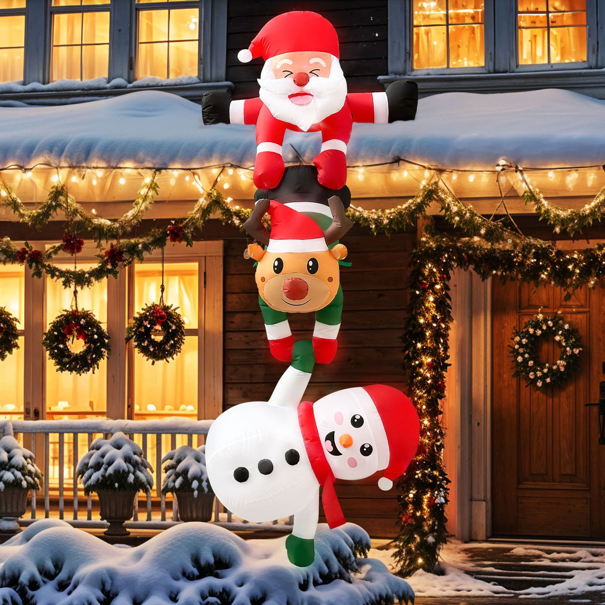 8FT Christmas Inflatable Santa Reindeer Snowman Stacked Decoration with Built-in LED Lights, Blower, Ropes, Stakes and Sandbags for Indoor Staircase and Outdoor Yard Holiday Display (Santa Reindeer Snowman Stacked Decoration)