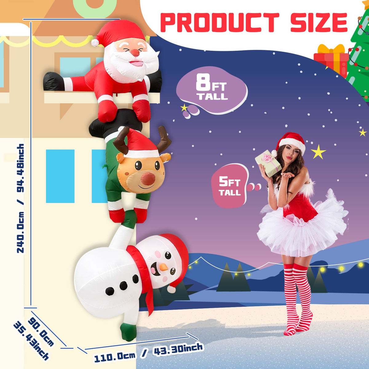 8FT Christmas Inflatable Santa Reindeer Snowman Stacked Decoration with Built-in LED Lights, Blower, Ropes, Stakes and Sandbags for Indoor Staircase and Outdoor Yard Holiday Display (Santa Reindeer Snowman Stacked Decoration)