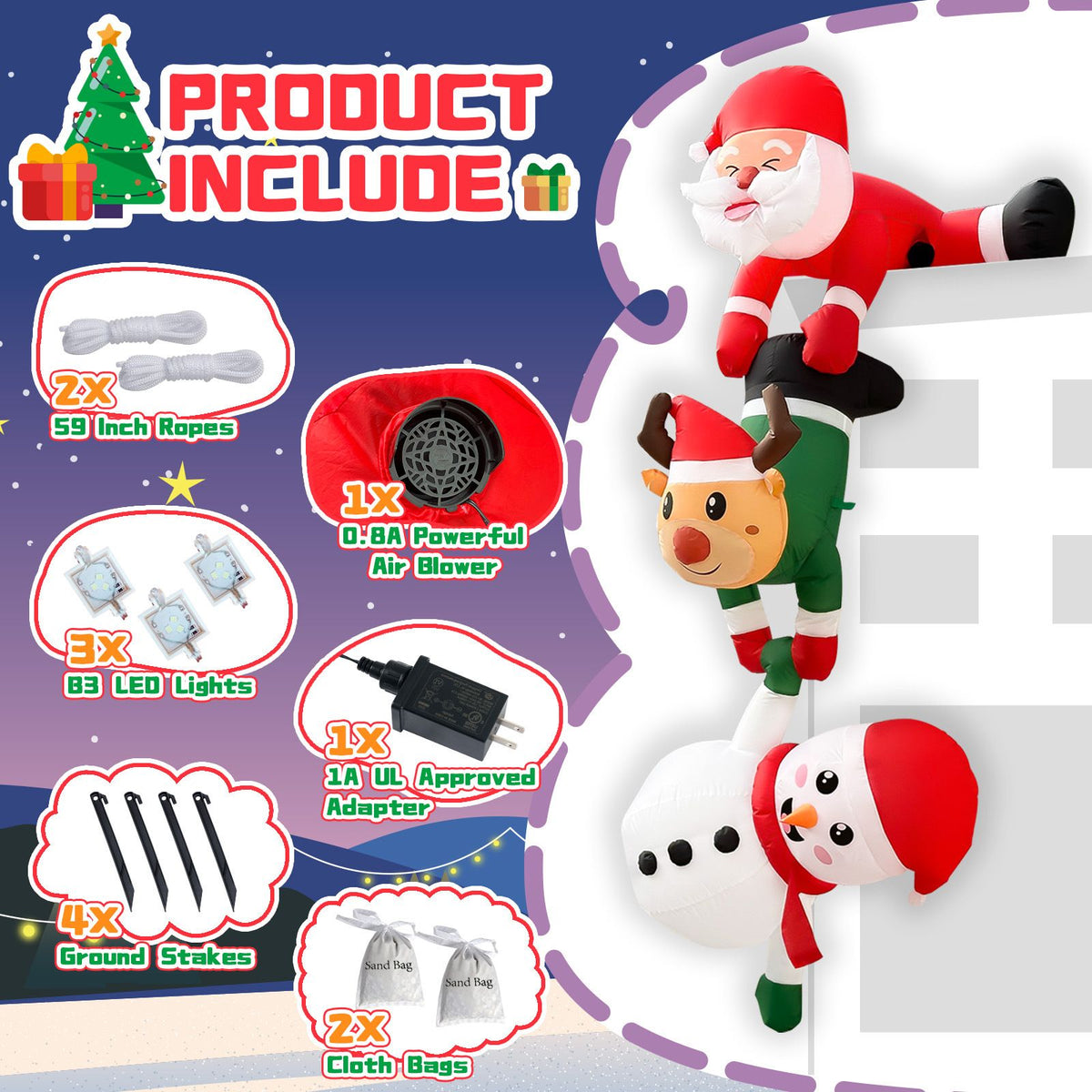 8FT Christmas Inflatable Santa Reindeer Snowman Stacked Decoration with Built-in LED Lights, Blower, Ropes, Stakes and Sandbags for Indoor Staircase and Outdoor Yard Holiday Display (Santa Reindeer Snowman Stacked Decoration)
