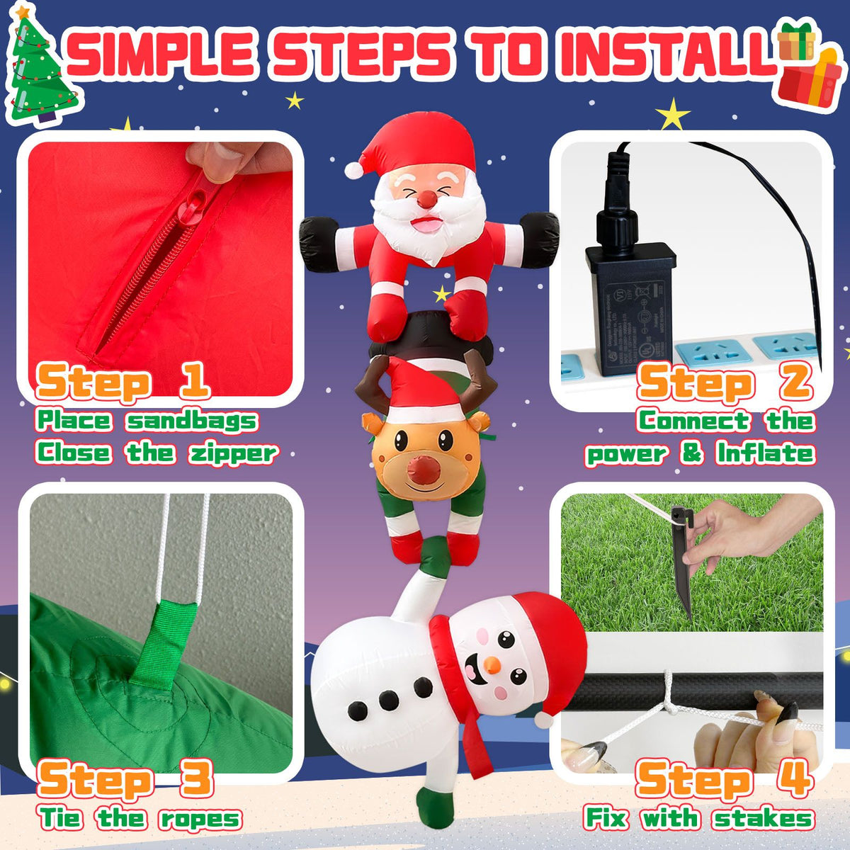 8FT Christmas Inflatable Santa Reindeer Snowman Stacked Decoration with Built-in LED Lights, Blower, Ropes, Stakes and Sandbags for Indoor Staircase and Outdoor Yard Holiday Display (Santa Reindeer Snowman Stacked Decoration)