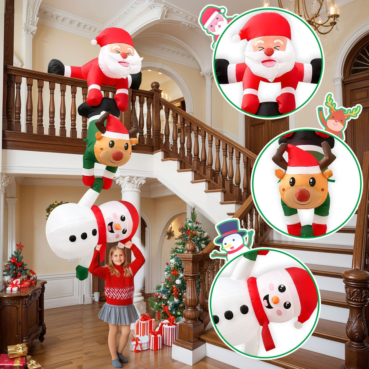 8FT Christmas Inflatable Santa Reindeer Snowman Stacked Decoration with Built-in LED Lights, Blower, Ropes, Stakes and Sandbags for Indoor Staircase and Outdoor Yard Holiday Display (Santa Reindeer Snowman Stacked Decoration)