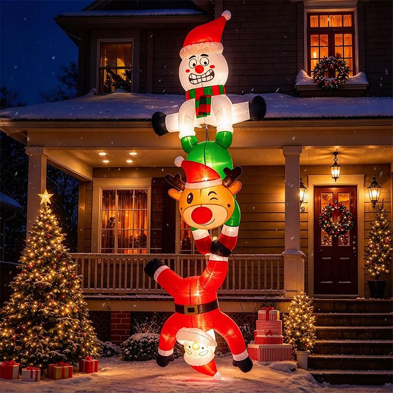 8ft Christmas Inflatable Stacked Santa Reindeer Snowman Upside Down Decoration with Built-in LED Lights for Outdoor Yard Porch Garden Holiday Display (Stacked Santa Reindeer Snowman Upside Down Decoration)
