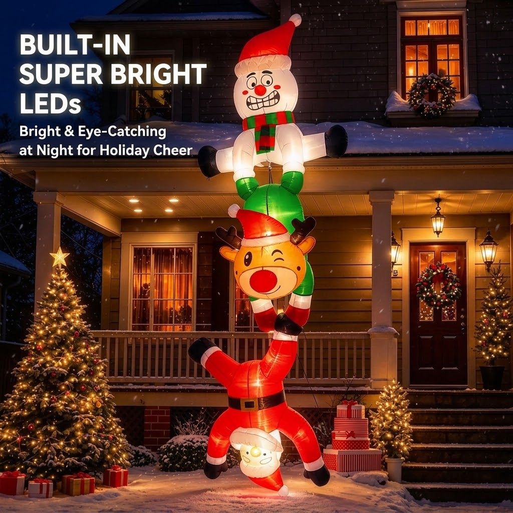 8ft Christmas Inflatable Stacked Santa Reindeer Snowman Upside Down Decoration with Built-in LED Lights for Outdoor Yard Porch Garden Holiday Display (Stacked Santa Reindeer Snowman Upside Down Decoration)