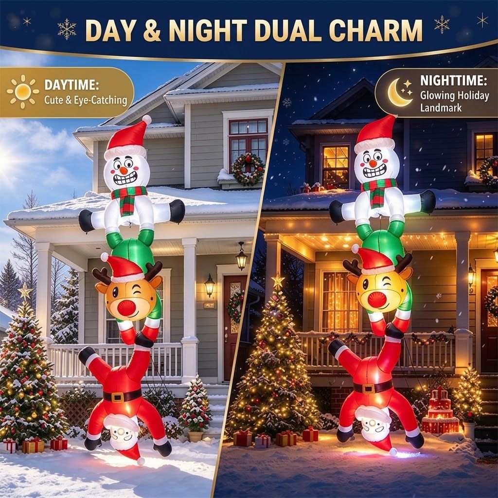 8ft Christmas Inflatable Stacked Santa Reindeer Snowman Upside Down Decoration with Built-in LED Lights for Outdoor Yard Porch Garden Holiday Display (Stacked Santa Reindeer Snowman Upside Down Decoration)