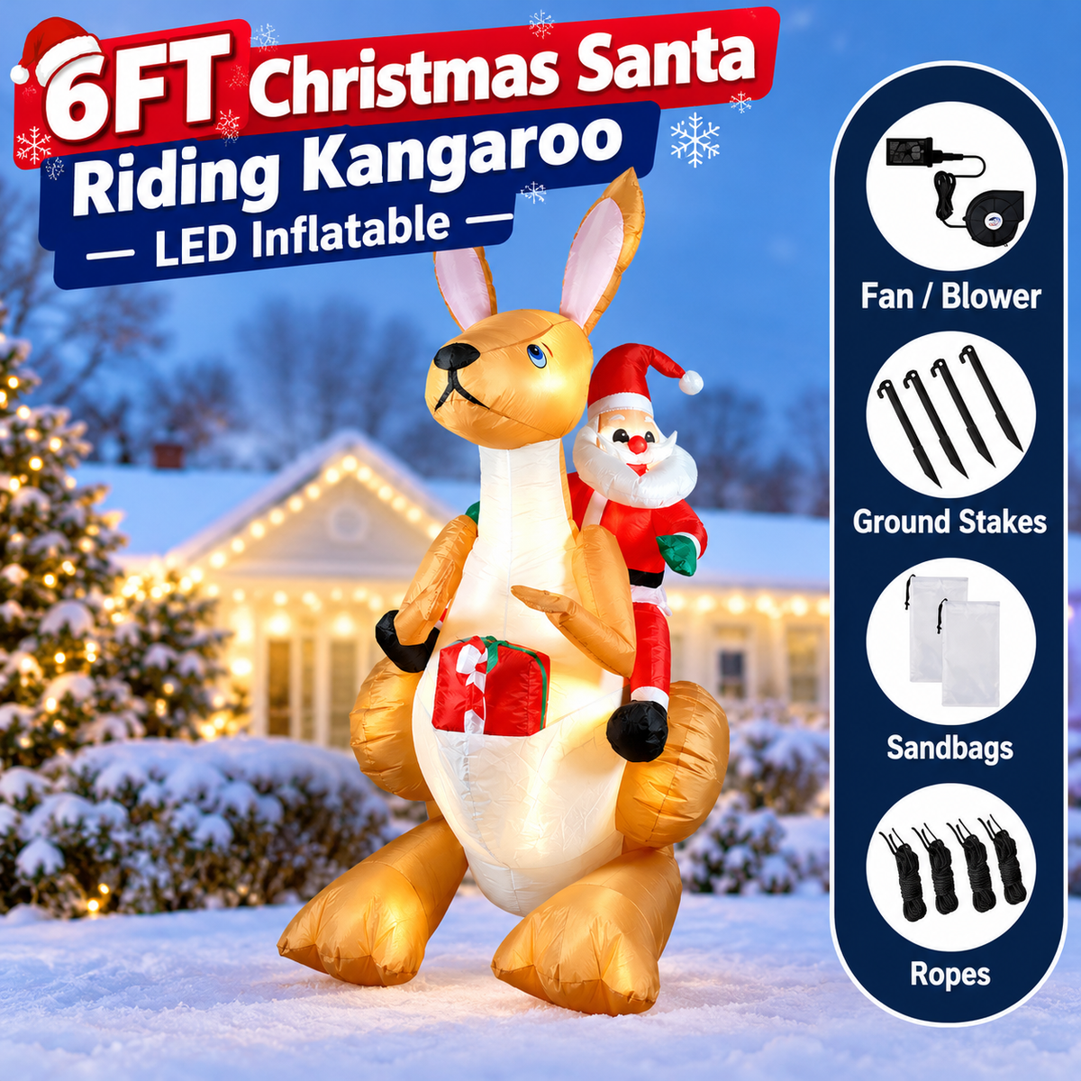 6FT Christmas Inflatable Santa Riding Kangaroo with LED Lights, Blow-Up Holiday Yard Decoration for Outdoor Lawn, Garden, Patio and Indoor Festive Display (Santa Riding Kangaroo)