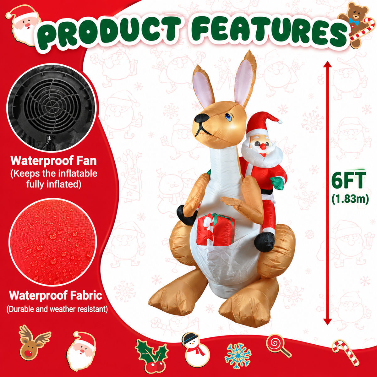 6FT Christmas Inflatable Santa Riding Kangaroo with LED Lights, Blow-Up Holiday Yard Decoration for Outdoor Lawn, Garden, Patio and Indoor Festive Display (Santa Riding Kangaroo)