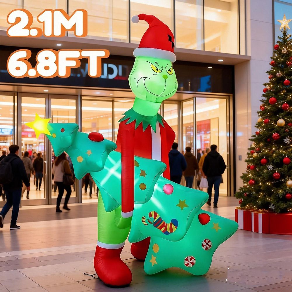 Grinch-Inspired Christmas Inflatable Decoration with Hugging Tree Design, LED Party Prop for Outdoor Yard, Garden, Mall Entrance and Front Door Holiday Display (Grinch)