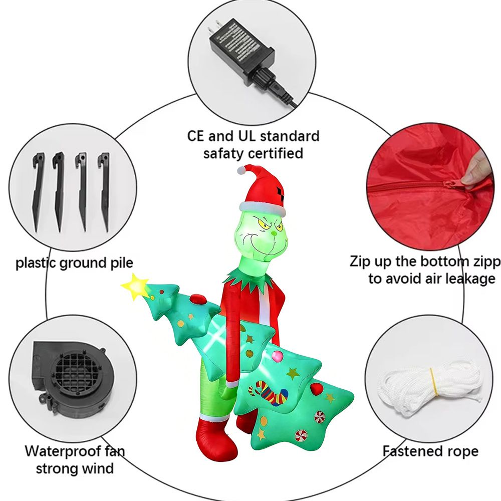 Grinch-Inspired Christmas Inflatable Decoration with Hugging Tree Design, LED Party Prop for Outdoor Yard, Garden, Mall Entrance and Front Door Holiday Display (Grinch)