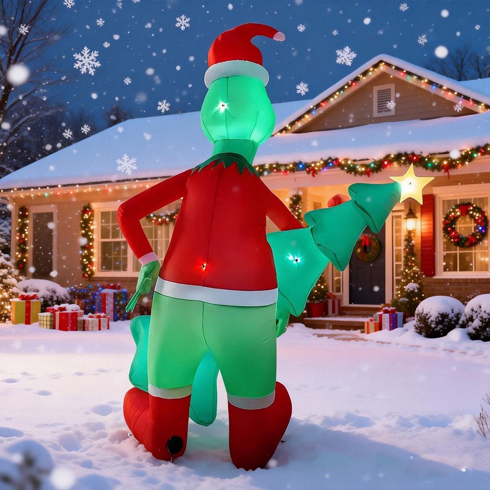 Grinch-Inspired Christmas Inflatable Decoration with Hugging Tree Design, LED Party Prop for Outdoor Yard, Garden, Mall Entrance and Front Door Holiday Display (Grinch)