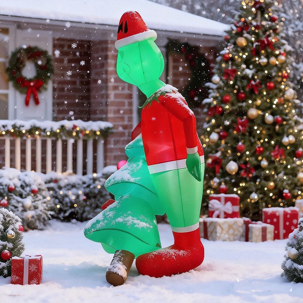 Grinch-Inspired Christmas Inflatable Decoration with Hugging Tree Design, LED Party Prop for Outdoor Yard, Garden, Mall Entrance and Front Door Holiday Display (Grinch)