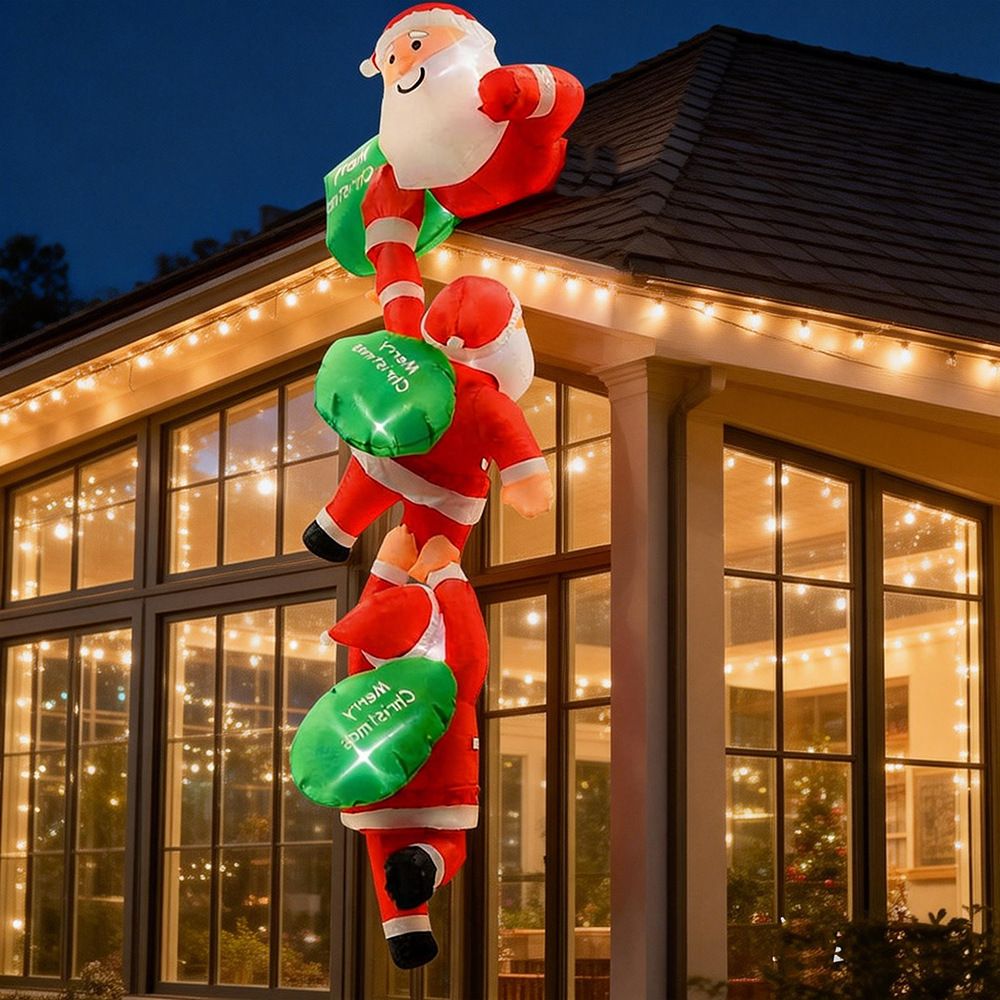 8FT Christmas Inflatable Three Santa Claus Climbing Wall Decoration with LED Lights, Blow Up Holiday Yard Display for Outdoor Party, Home Roof and Sunroom Festive Setup (Three Santa Claus Climbing Wall)