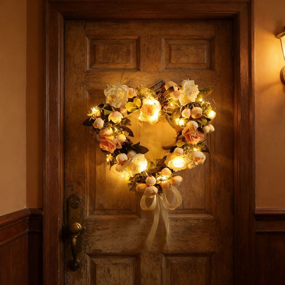 Led Floral Wreath with Lights | Artificial Flower Wreath for Front Door Decor | Battery Operated Lighted Wreath for Wall Hanging with Satin Ribbon for Home Wedding Party