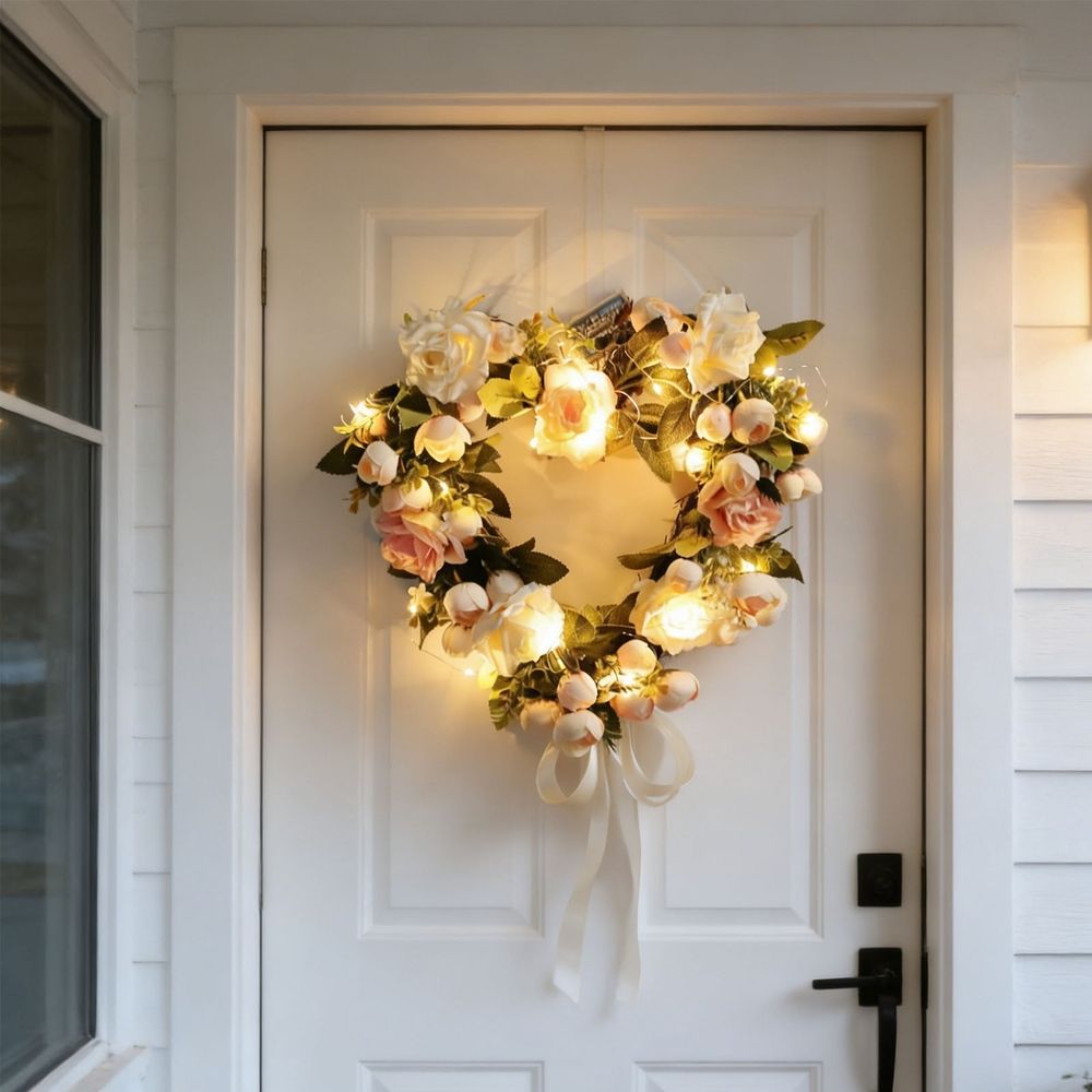 Led Floral Wreath with Lights | Artificial Flower Wreath for Front Door Decor | Battery Operated Lighted Wreath for Wall Hanging with Satin Ribbon for Home Wedding Party