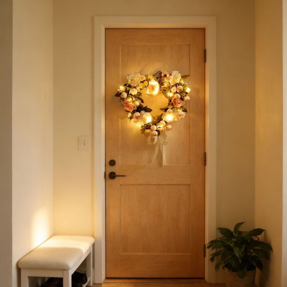 Led Floral Wreath with Lights | Artificial Flower Wreath for Front Door Decor | Battery Operated Lighted Wreath for Wall Hanging with Satin Ribbon for Home Wedding Party