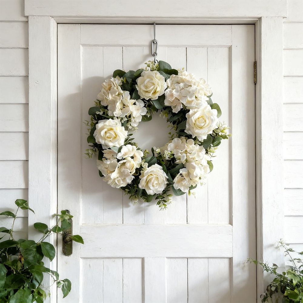 Artificial Floral Wreath Spring Door Wreath with Roses and Hydrangeas | 14 Inch Round Wreath for Front Door | Faux Flower Wreath| Plastic Wreath for Wedding Party Photography Backdrop | 1 Pack