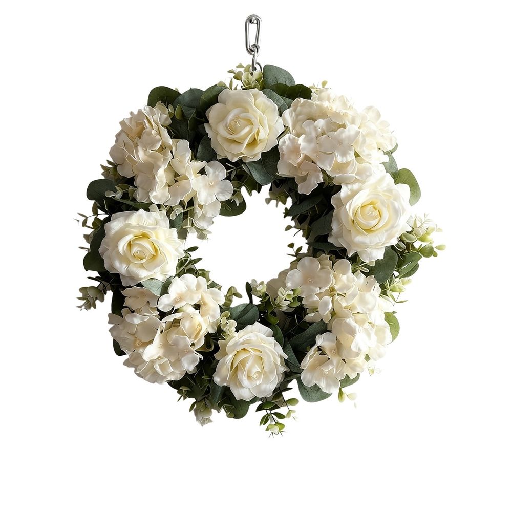Artificial Floral Wreath Spring Door Wreath with Roses and Hydrangeas | 14 Inch Round Wreath for Front Door | Faux Flower Wreath| Plastic Wreath for Wedding Party Photography Backdrop | 1 Pack