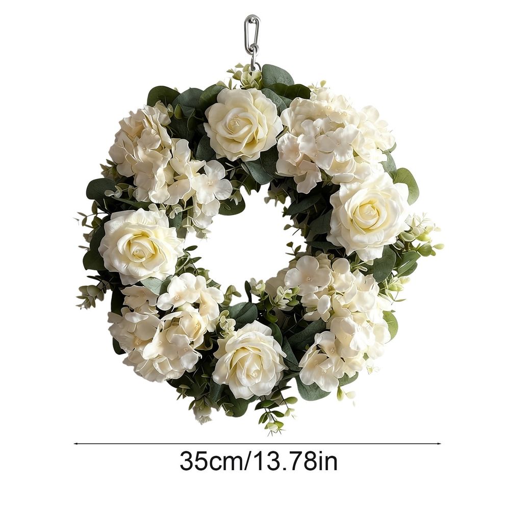 Artificial Floral Wreath Spring Door Wreath with Roses and Hydrangeas | 14 Inch Round Wreath for Front Door | Faux Flower Wreath| Plastic Wreath for Wedding Party Photography Backdrop | 1 Pack