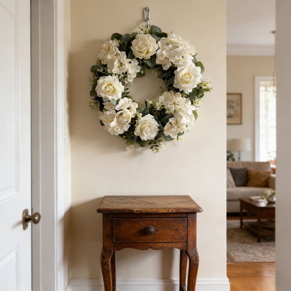 Artificial Floral Wreath Spring Door Wreath with Roses and Hydrangeas | 14 Inch Round Wreath for Front Door | Faux Flower Wreath| Plastic Wreath for Wedding Party Photography Backdrop | 1 Pack