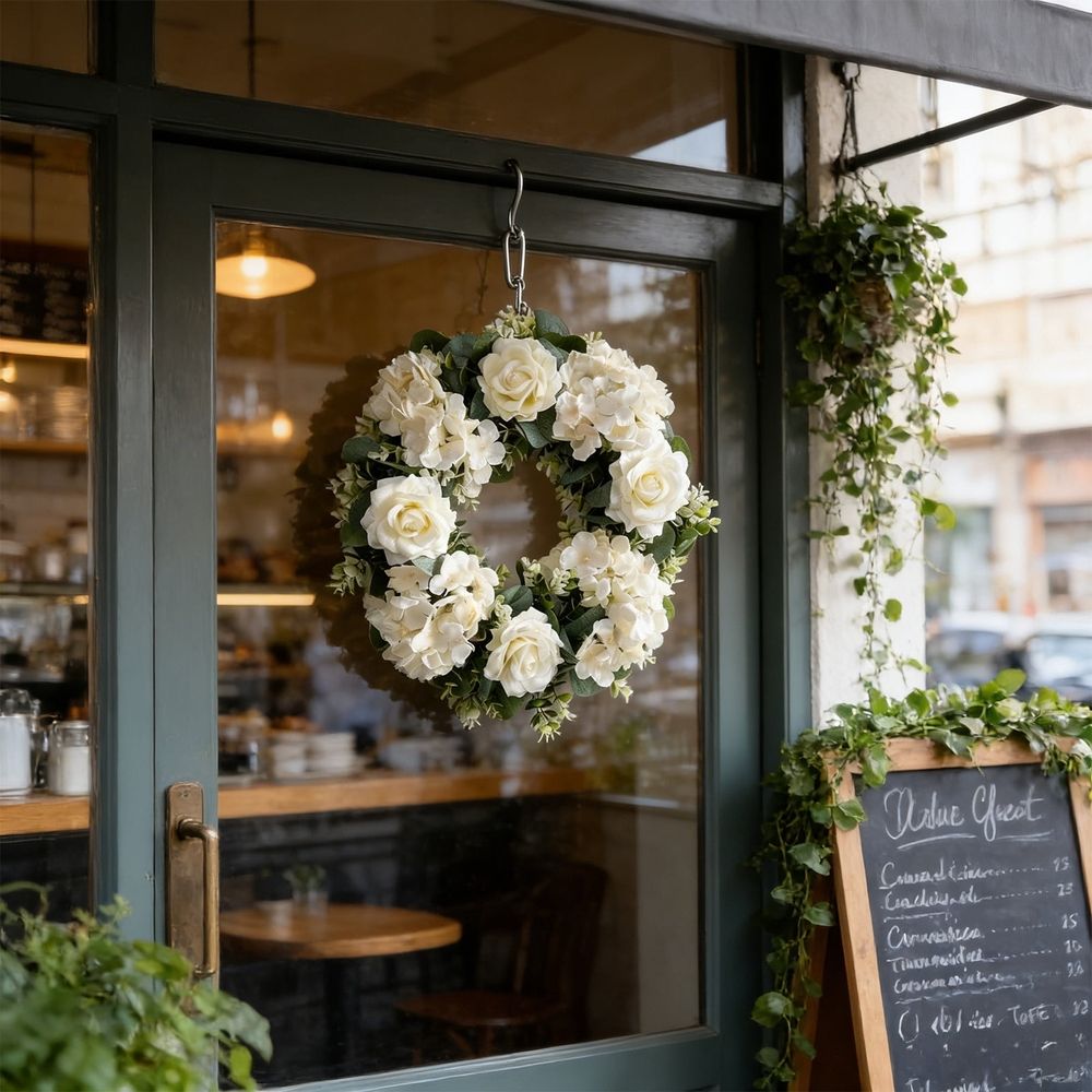 Artificial Floral Wreath Spring Door Wreath with Roses and Hydrangeas | 14 Inch Round Wreath for Front Door | Faux Flower Wreath| Plastic Wreath for Wedding Party Photography Backdrop | 1 Pack
