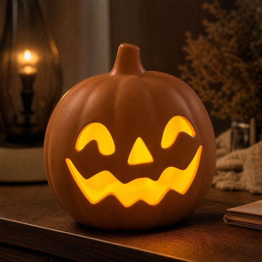 Halloween Pumpkin Light, Matte Terracotta Style Pumpkin Candle Holder, Hollow Face Tabletop Decor for Fall Thanksgiving Home Shelf Centerpiece 6 inch