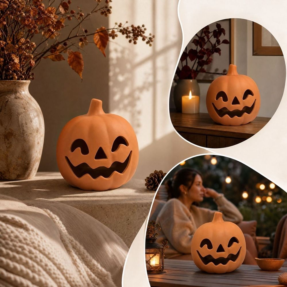 Halloween Pumpkin Light, Matte Terracotta Style Pumpkin Candle Holder, Hollow Face Tabletop Decor for Fall Thanksgiving Home Shelf Centerpiece 6 inch
