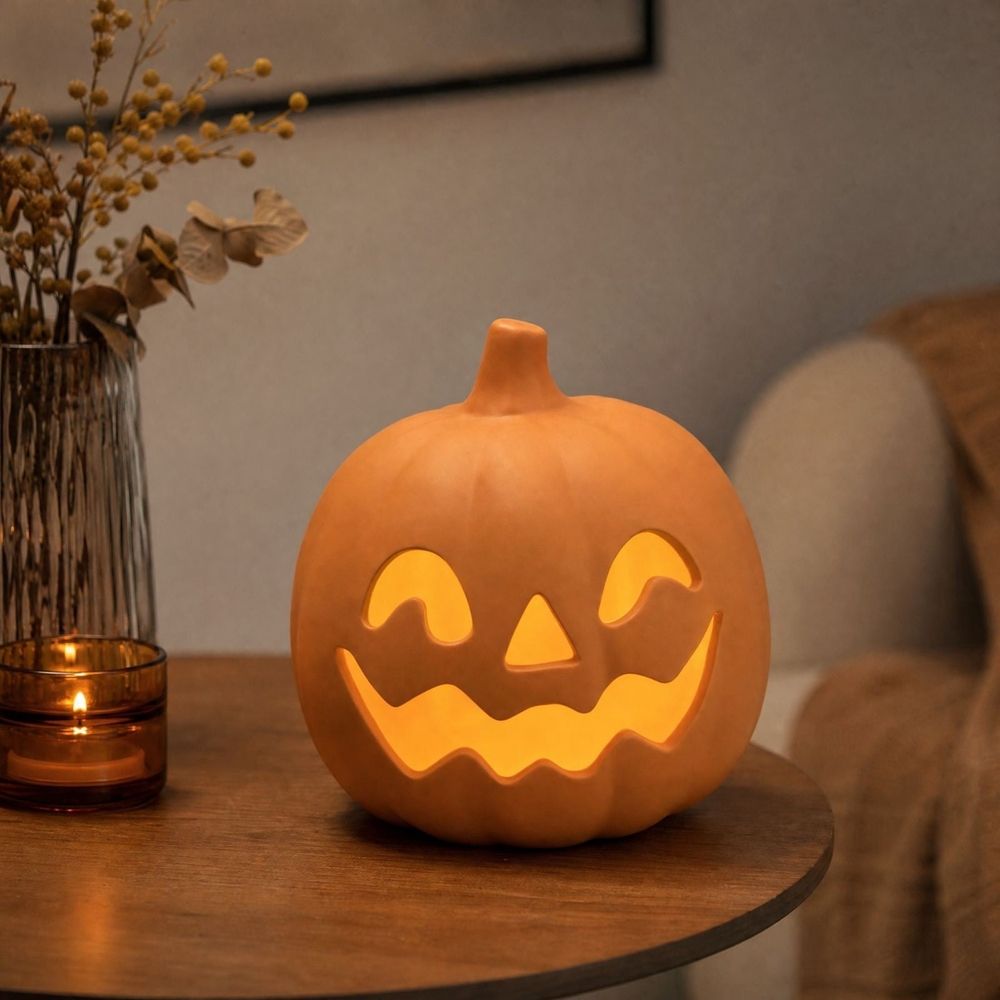 Halloween Pumpkin Light, Matte Terracotta Style Pumpkin Candle Holder, Hollow Face Tabletop Decor for Fall Thanksgiving Home Shelf Centerpiece 6 inch