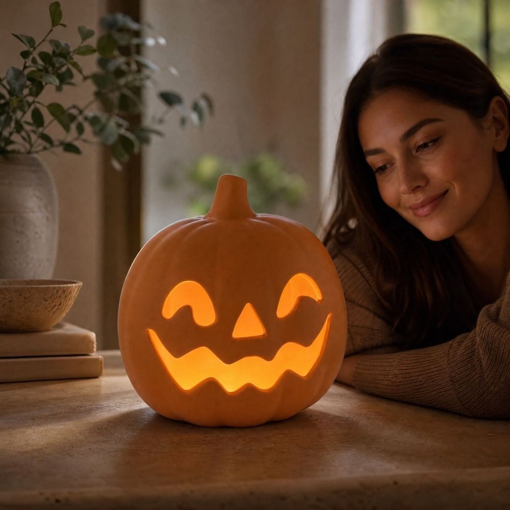 Halloween Pumpkin Light, Matte Terracotta Style Pumpkin Candle Holder, Hollow Face Tabletop Decor for Fall Thanksgiving Home Shelf Centerpiece 6 inch