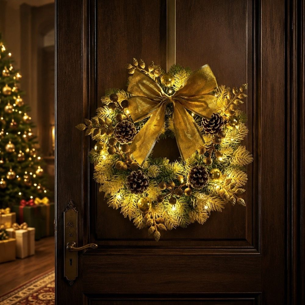Christmas Wood Front Door Wreath, 40 x 8 cm with LED Lights, Pinecones and Bats, Reusable Hanging Decoration for Front Doors, Walls and Mantels, Entryway and Seasonal Home Decoration, Yellow