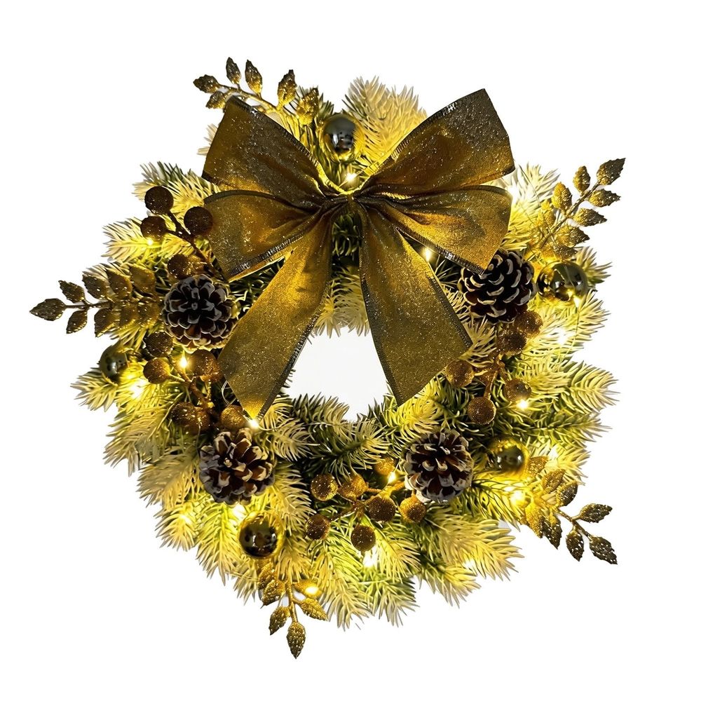 Christmas Wood Front Door Wreath, 40 x 8 cm with LED Lights, Pinecones and Bats, Reusable Hanging Decoration for Front Doors, Walls and Mantels, Entryway and Seasonal Home Decoration, Yellow