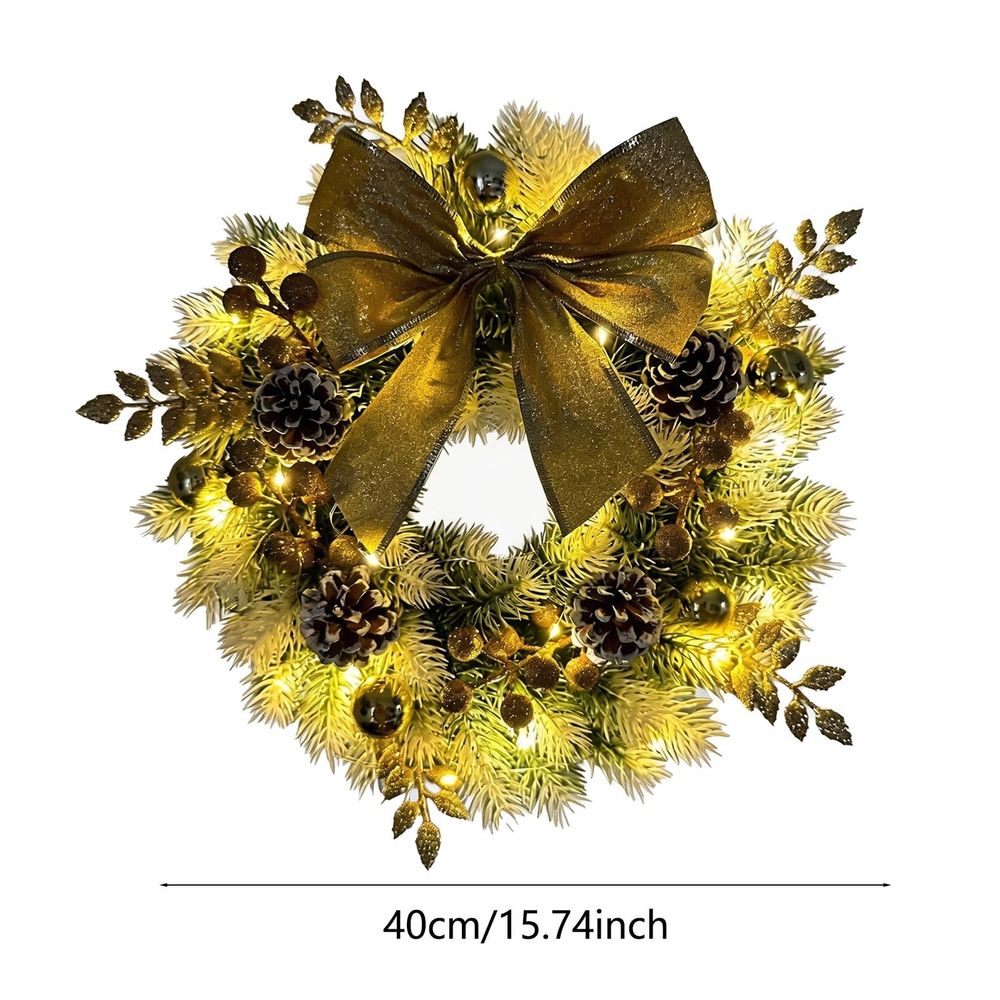 Christmas Wood Front Door Wreath, 40 x 8 cm with LED Lights, Pinecones and Bats, Reusable Hanging Decoration for Front Doors, Walls and Mantels, Entryway and Seasonal Home Decoration, Yellow