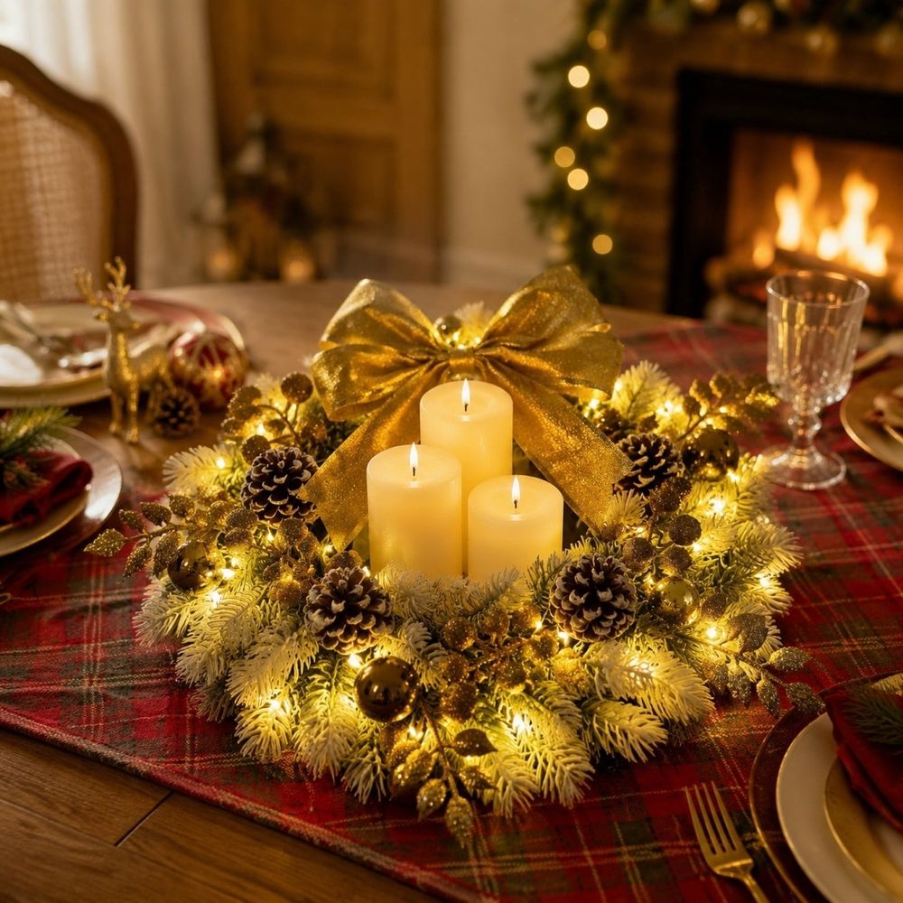 Christmas Wood Front Door Wreath, 40 x 8 cm with LED Lights, Pinecones and Bats, Reusable Hanging Decoration for Front Doors, Walls and Mantels, Entryway and Seasonal Home Decoration, Yellow