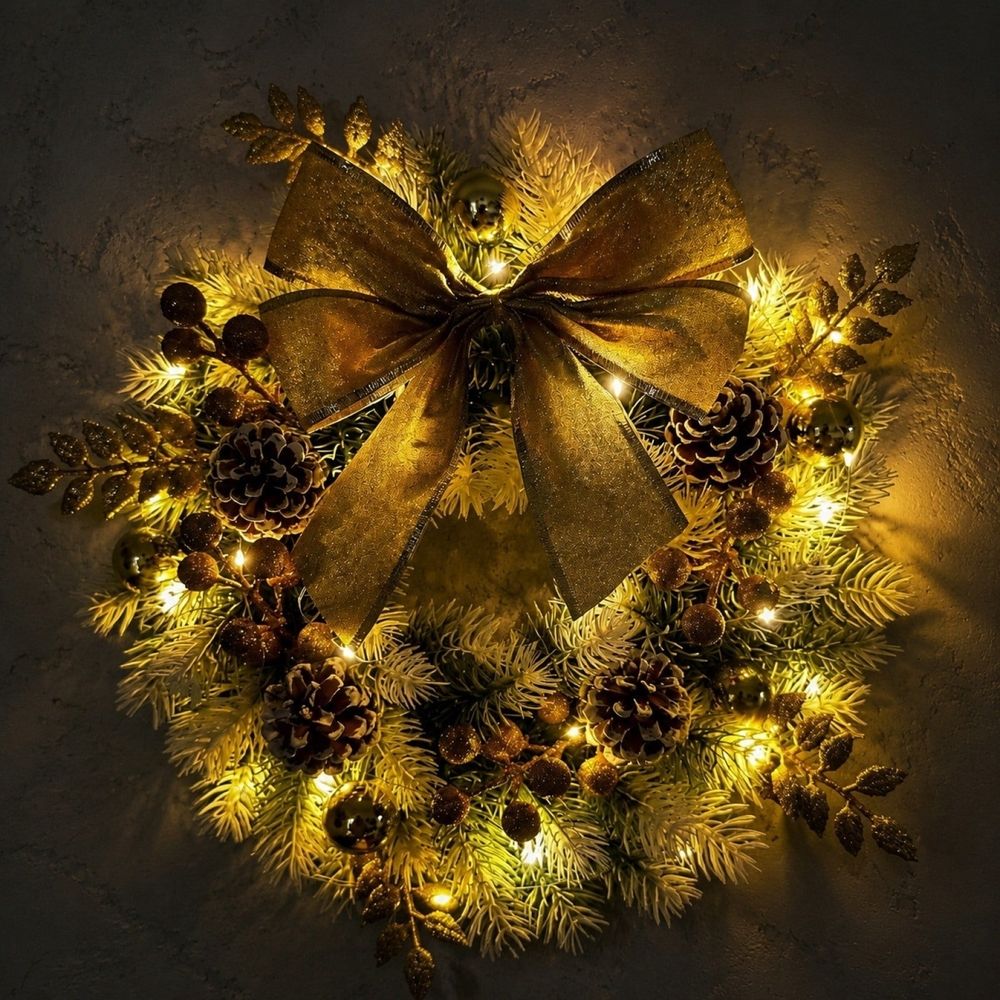 Christmas Wood Front Door Wreath, 40 x 8 cm with LED Lights, Pinecones and Bats, Reusable Hanging Decoration for Front Doors, Walls and Mantels, Entryway and Seasonal Home Decoration, Yellow