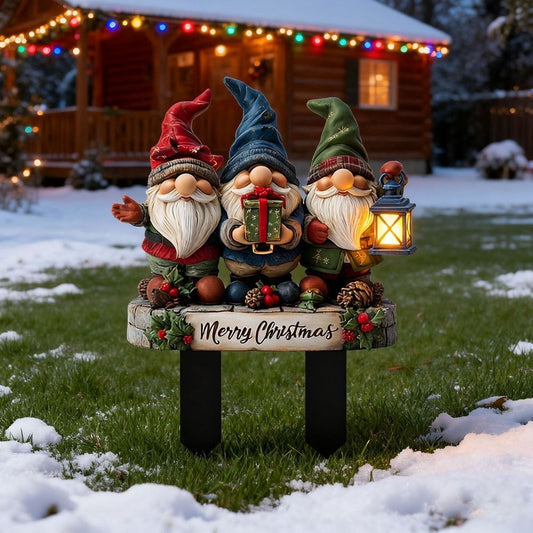 Christmas Gnome Yard Stake - 2D Acrylic Festive Garden Decor with "Merry Christmas" Sign, Three Gnomes Holding Gift & Lantern, Ideal for Outdoor Patio, Lawn & Holiday Decoration, 6.33*7.87in
