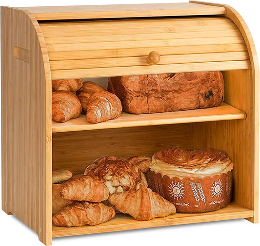 CARLA HOME Large Bamboo Bread Box Storage Organizer with Roll Top for Kitchen Counter