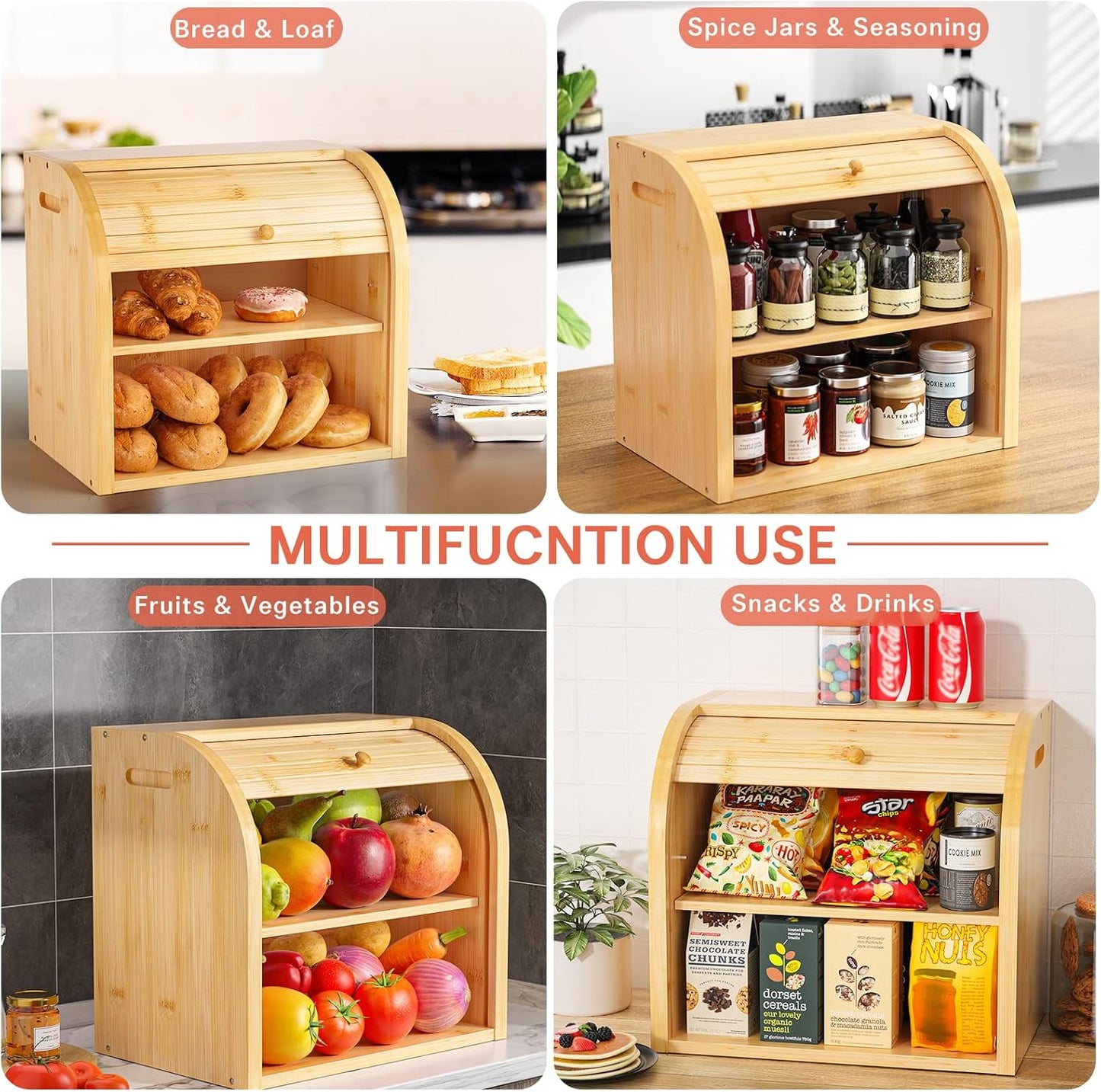 CARLA HOME Large Bamboo Bread Box Storage Organizer with Roll Top for Kitchen Counter