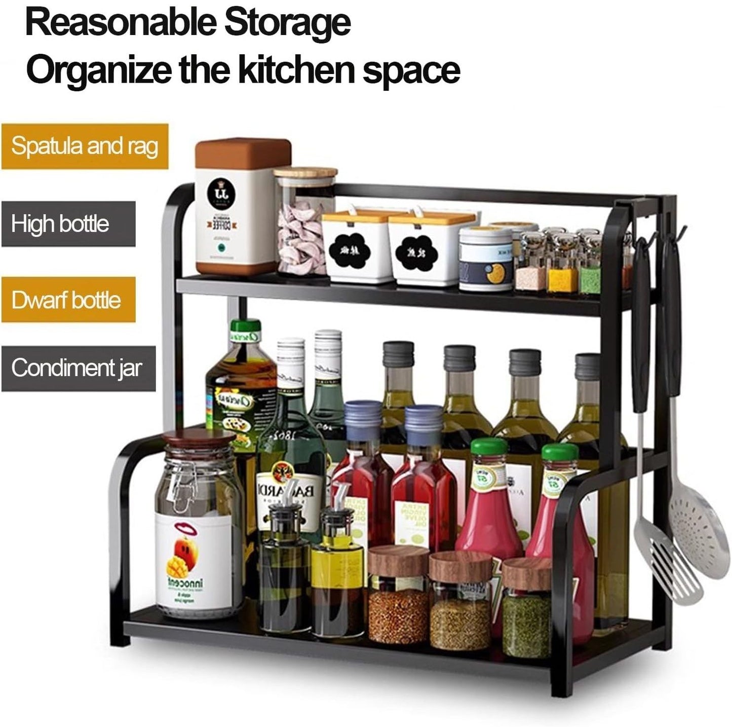 CARLA HOME 2-Tier Wooden Kitchen Countertop Spice Rack for Storage of Condiments, Oils, Jars & Seasoning Bottles