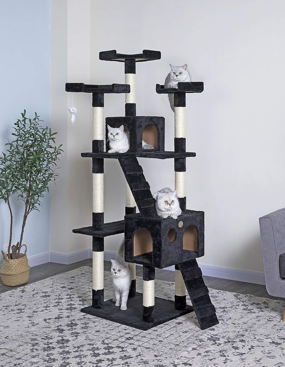 CARLA HOME 180cm Cat Tree Tower for Indoor Cats with Dual Condos, Plush Perches, Sisal Scratching Posts & Ramps for Kittens & Adult Cats (Black)