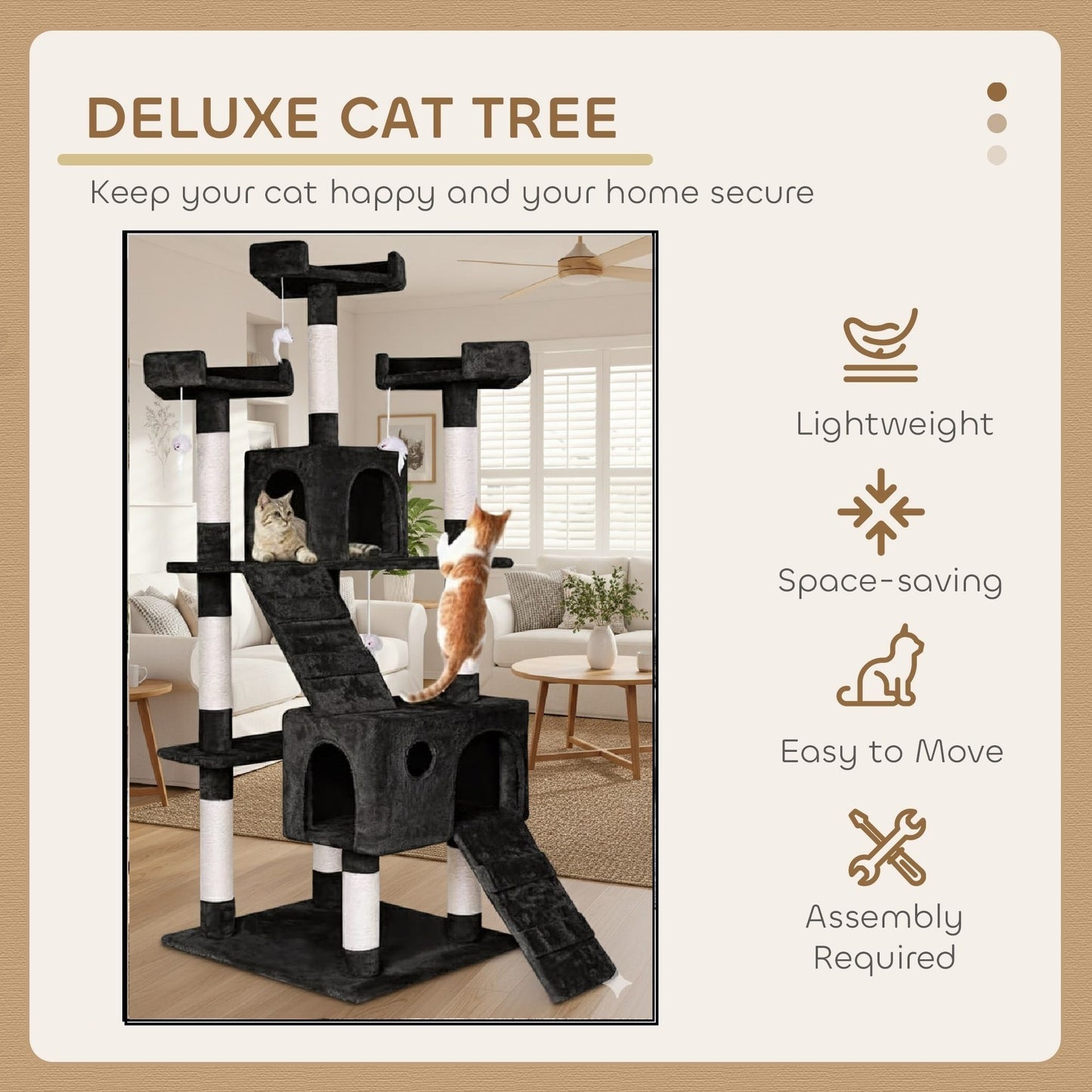CARLA HOME 180cm Cat Tree Tower for Indoor Cats with Dual Condos, Plush Perches, Sisal Scratching Posts & Ramps for Kittens & Adult Cats (Black)