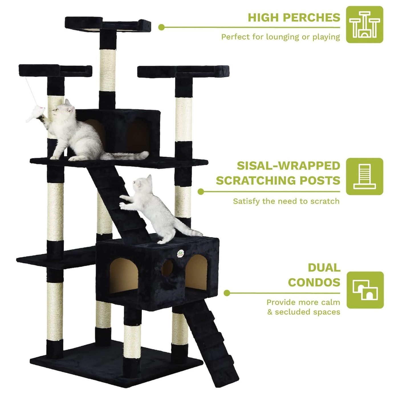 CARLA HOME 180cm Cat Tree Tower for Indoor Cats with Dual Condos, Plush Perches, Sisal Scratching Posts & Ramps for Kittens & Adult Cats (Black)