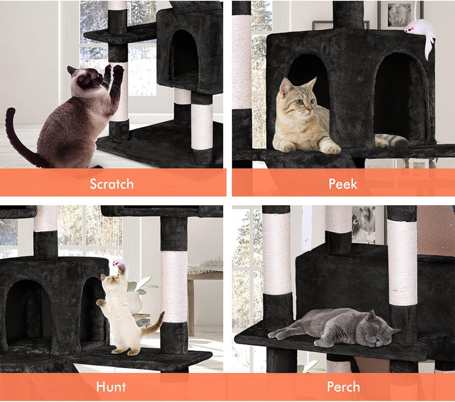 CARLA HOME 180cm Cat Tree Tower for Indoor Cats with Dual Condos, Plush Perches, Sisal Scratching Posts & Ramps for Kittens & Adult Cats (Black)