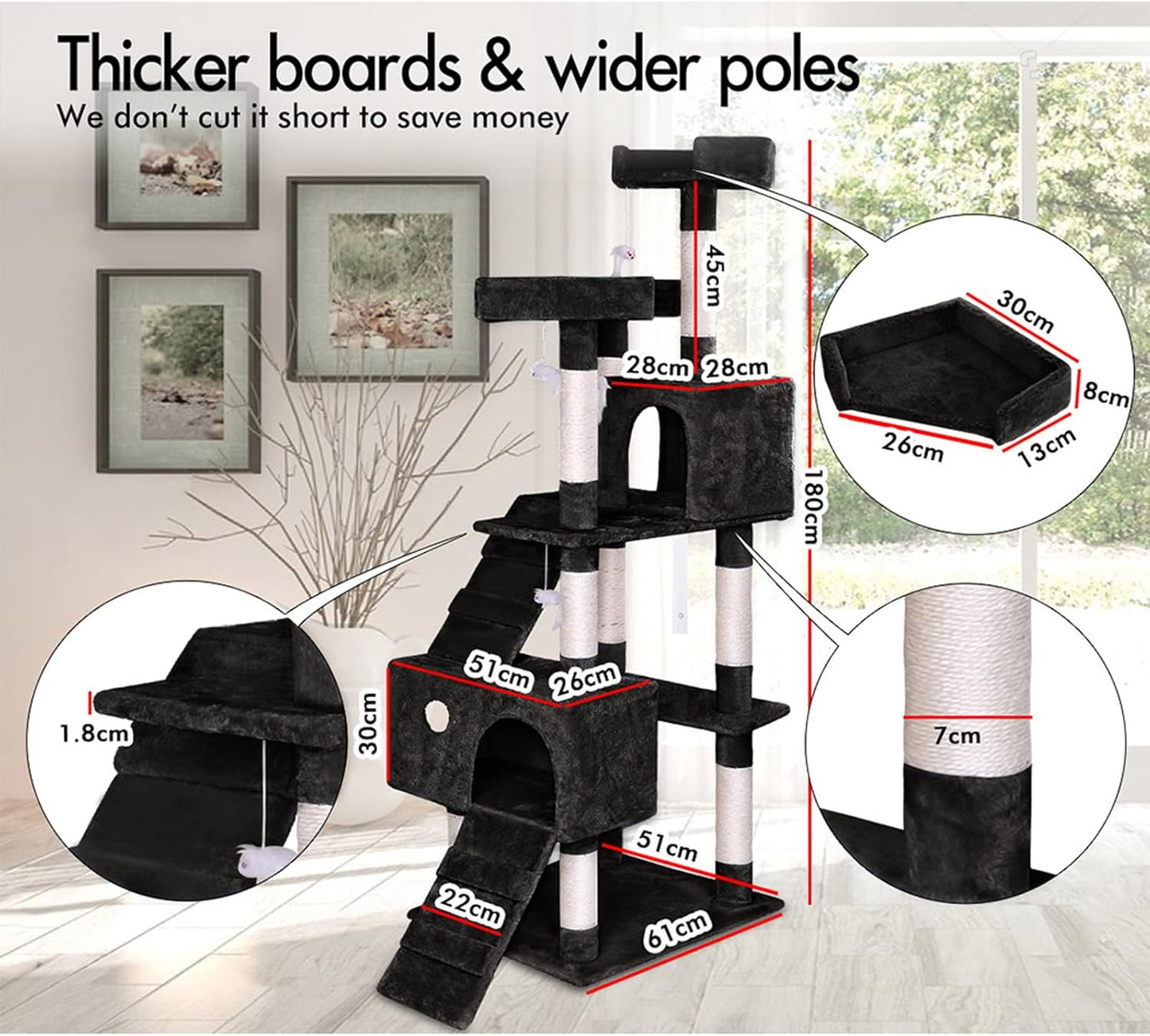 CARLA HOME 180cm Cat Tree Tower for Indoor Cats with Dual Condos, Plush Perches, Sisal Scratching Posts & Ramps for Kittens & Adult Cats (Beige)