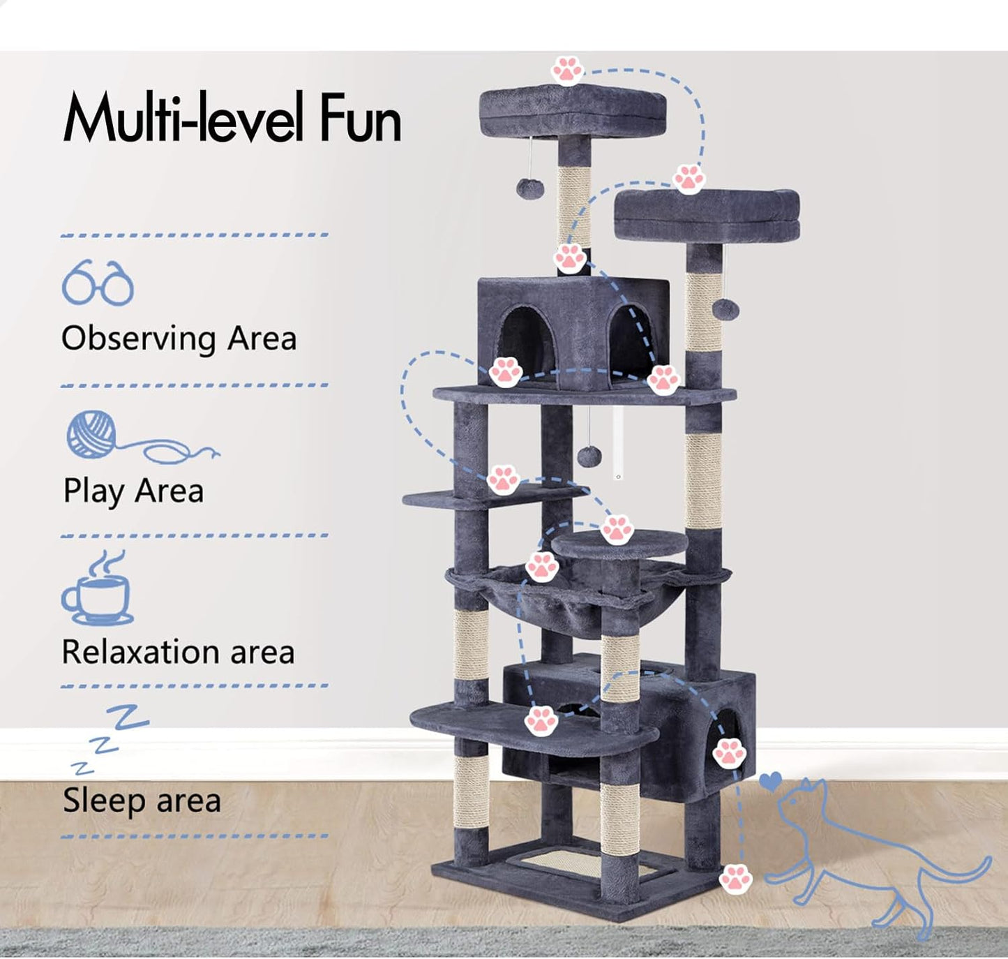 CARLA HOME 180cm Cat Tree Tower for Indoor Cats with Plush Perches, Dual Condos, Natural Sisal Scratching Posts & Ramps for Kittens & Adult Cats (Grey)