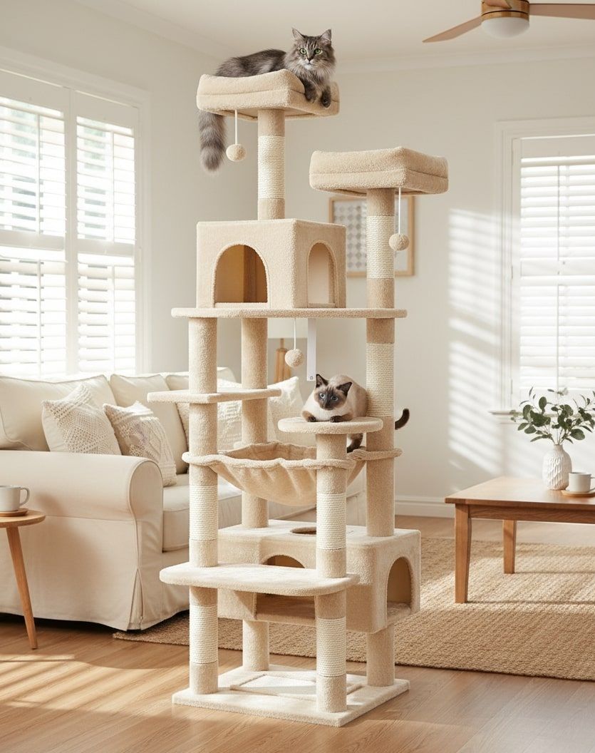 CARLA HOME 180cm Cat Tree Tower for Indoor Cats with Plush Perches, Dual Condos, Natural Sisal Scratching Posts & Ramps for Kittens & Adult Cats (Beige)