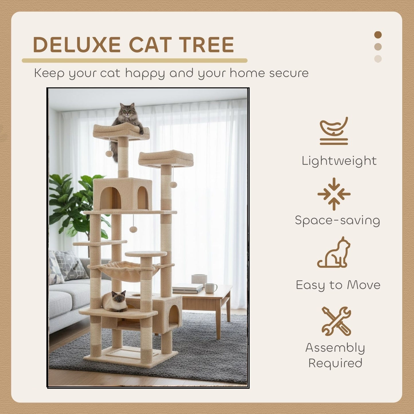 CARLA HOME 180cm Cat Tree Tower for Indoor Cats with Plush Perches, Dual Condos, Natural Sisal Scratching Posts & Ramps for Kittens & Adult Cats (Beige)
