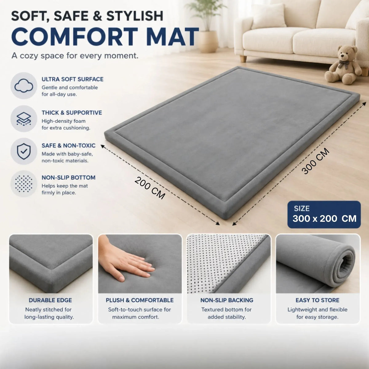 CARLA HOME Baby Play Mat 200x300cm, Thick Foam Crawling Mat, Infants, Grey
