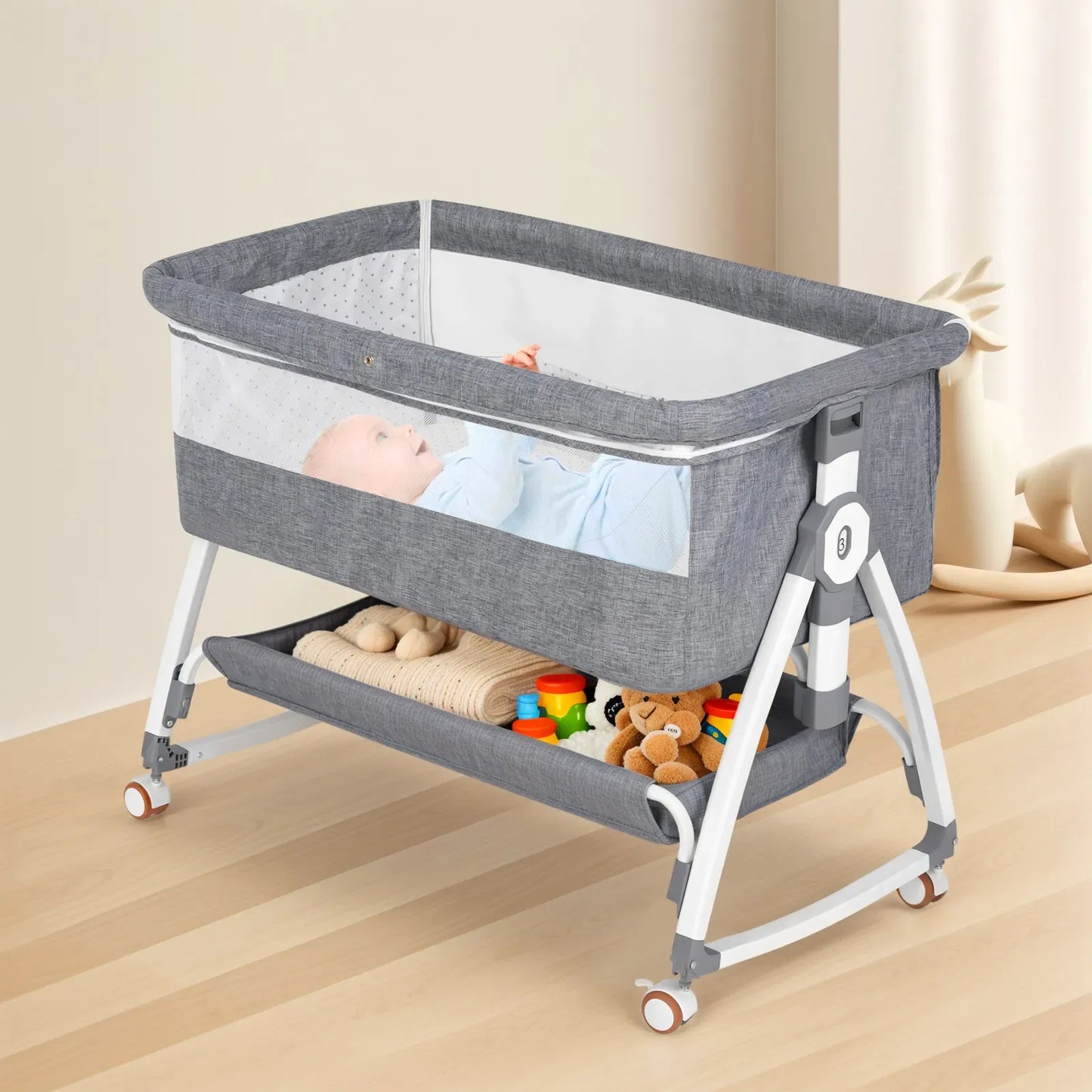 3-in-1 Adjustable Height Baby Bassinet Crib with Mosquito Net and Storage Basket in Grey