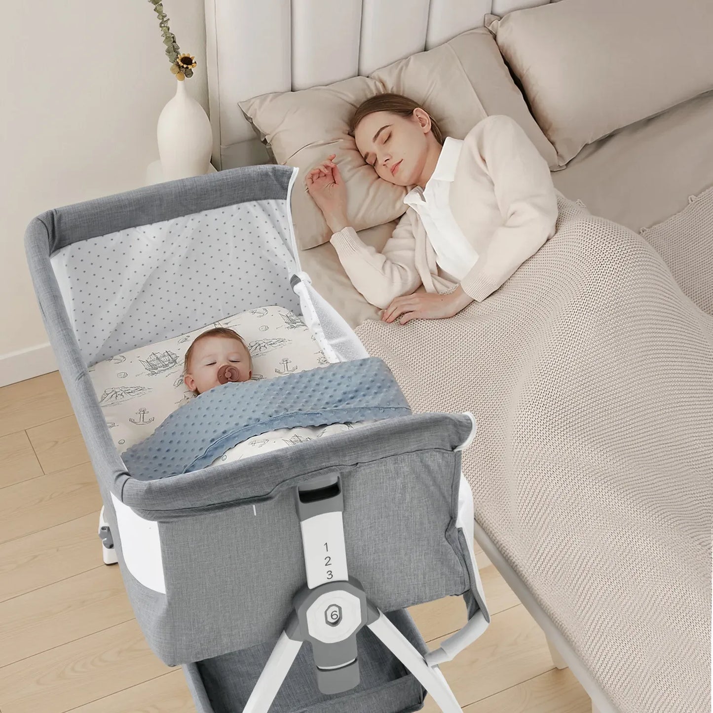 3-in-1 Adjustable Height Baby Bassinet Crib with Mosquito Net and Storage Basket in Grey